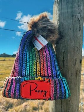 Kids Knit Beanie with Faux Fur Pom-Custom Name Patch Included
